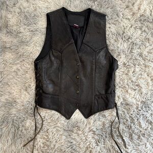 Vintage Black Leather Vest with Lace-Up Sides